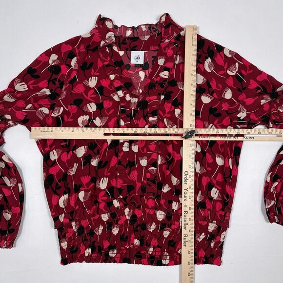 CAbi Corsage Blouse Size Medium Red Floral‎ Top Ruffle Balloon Sleeves 4157 - Picture 8 of 10